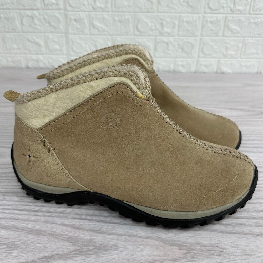 Sorel Joliette Winter Ankle Boots Womens 7 Tan Suede Faux Fur Lining Waterproof